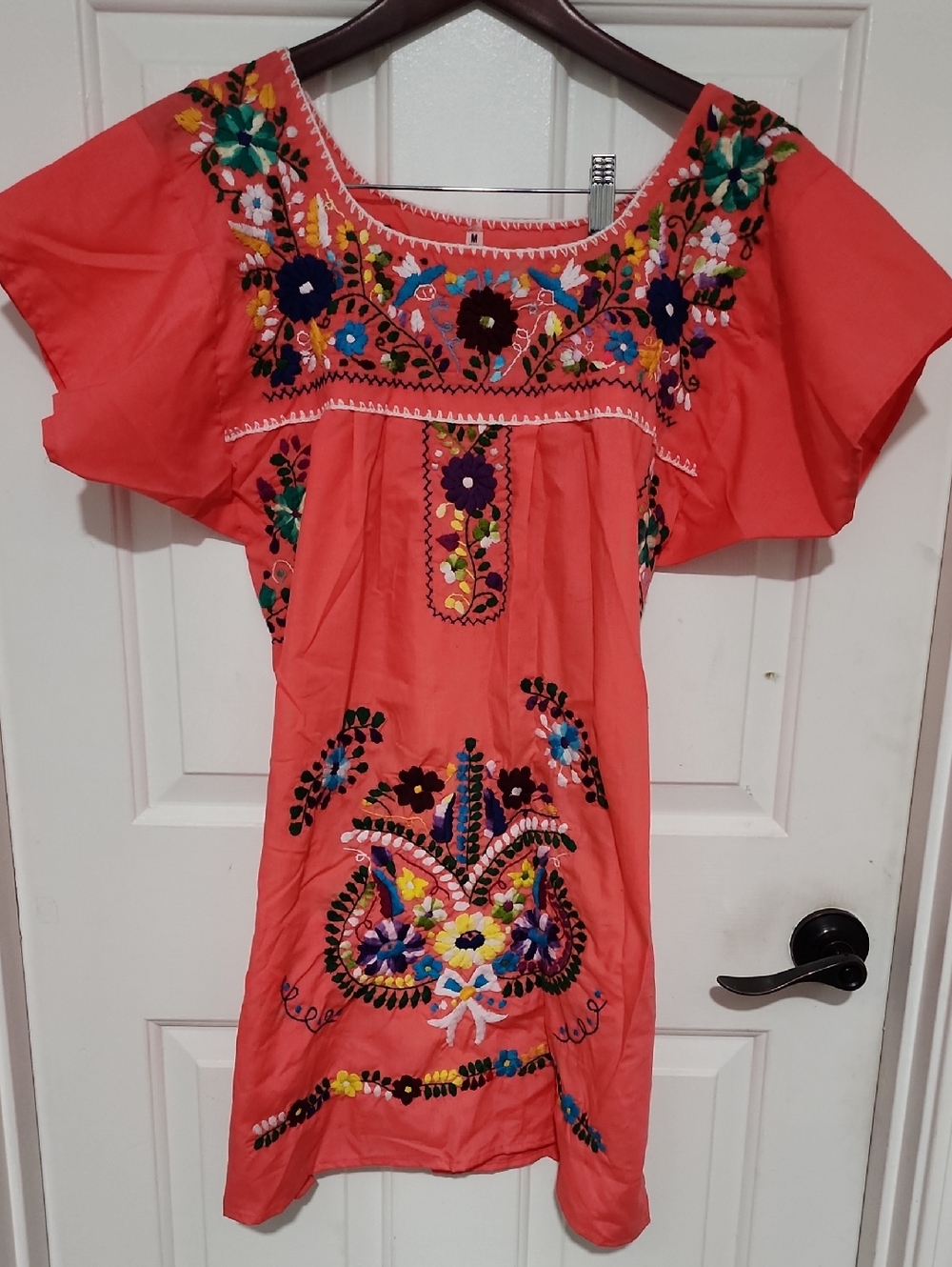 Embroidered Coral Mexican Tunic Dress